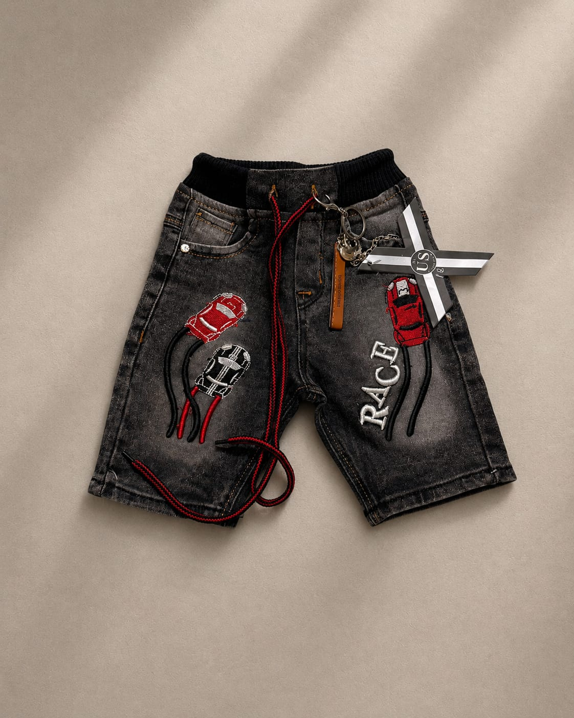Boys Grey Denim Shorts | Racing Embroidered Casual Shorts