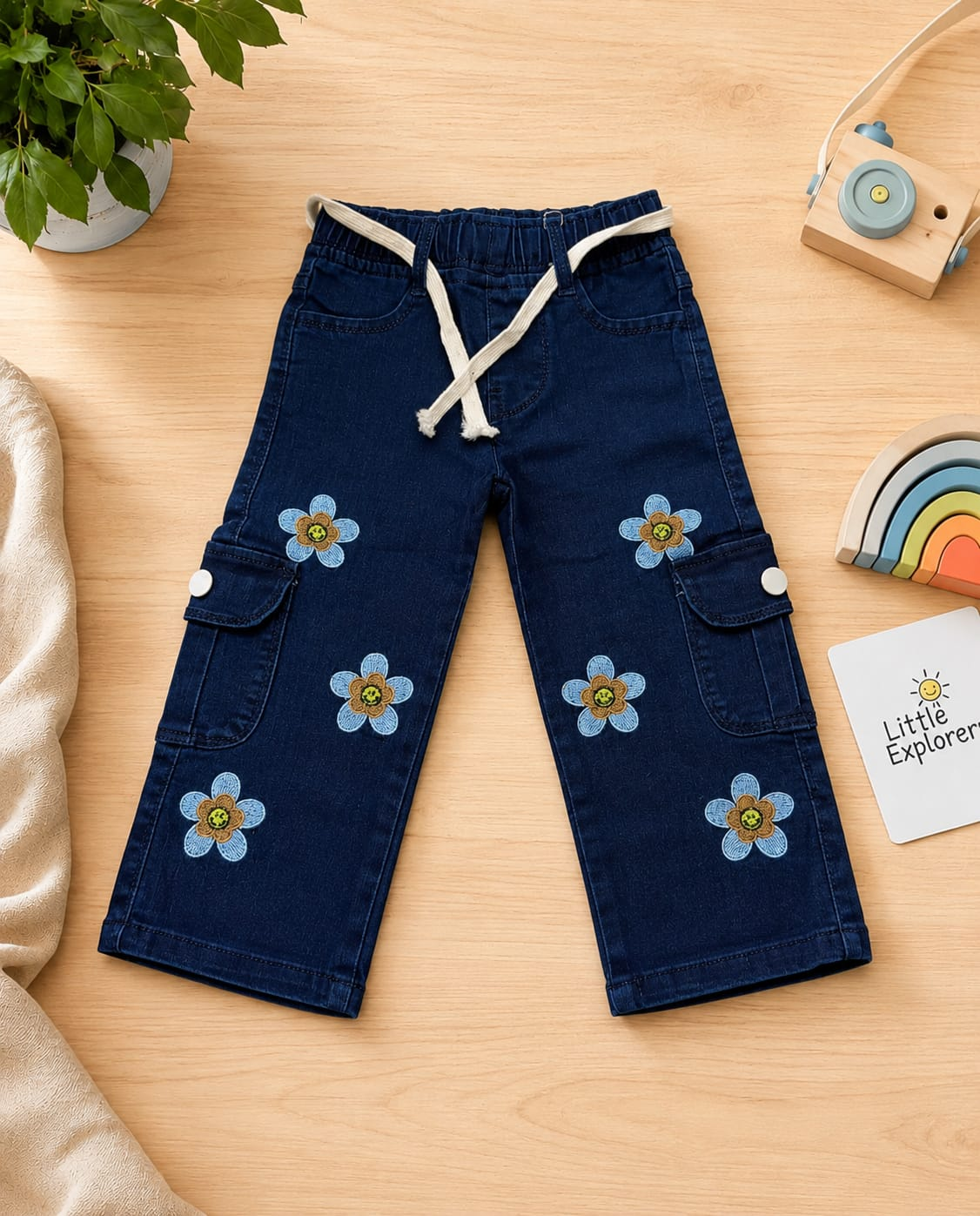 Girls Floral Embroidered Cargo Denim Jeans | Blue