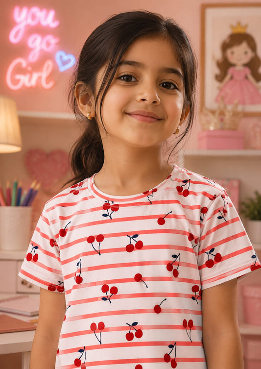Floral Sparkle Kids' Red Cotton Tee | Silver Print T-Shirt