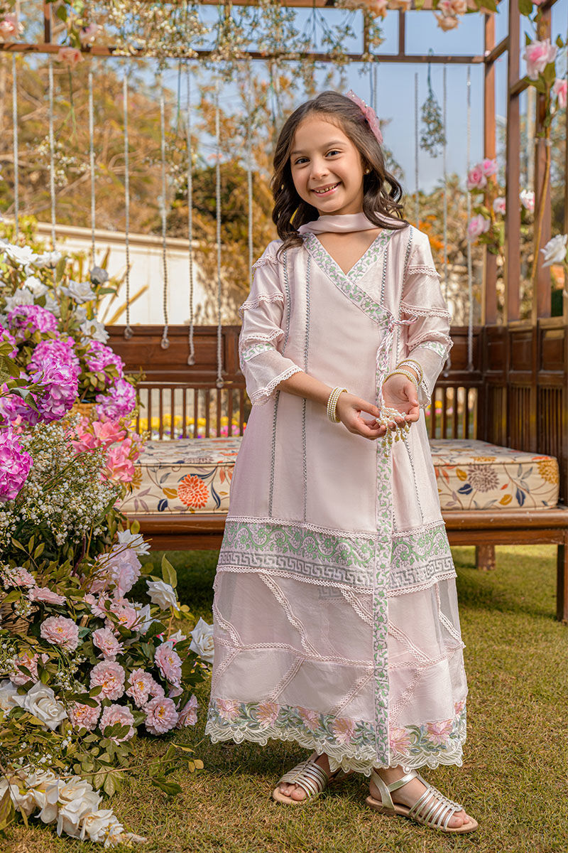 Kids Pink Embroidered Angharkha with Organza Sleeves