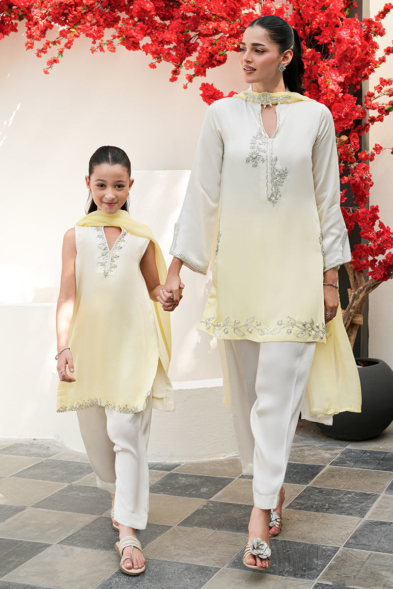Girl's Butter Yellow Embellished Silk Suit - Sunshine Ombre