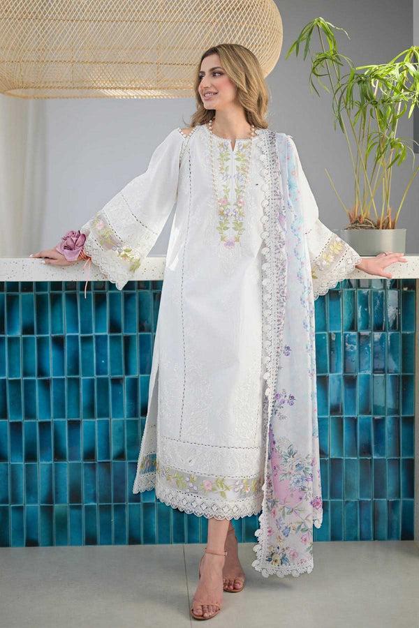 Women's Unstitched Embroidered Lawn 3-Piece Suit - White Floral