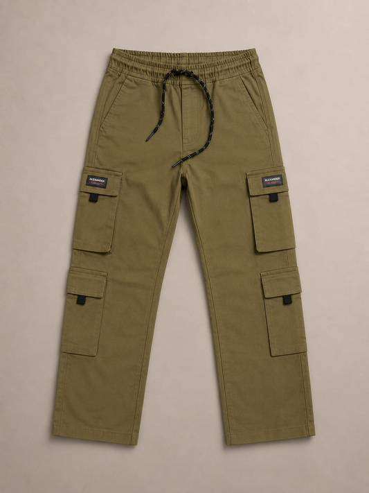 Boys Olive Green Cargo Pants | Premium Cotton Trousers