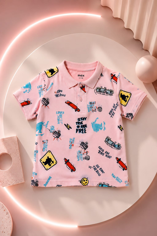Ride Free Kids' Pink Polo T-Shirt | Premium Graphic Print Cotton Polo