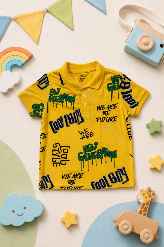New Generation Kids' Yellow Polo T-Shirt | Premium Graphic Print Cotton Polo