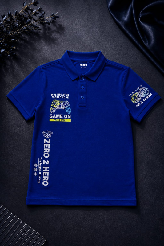 Game On Kids' Royal Blue Polo T-Shirt | Premium Gaming Print Cotton Polo