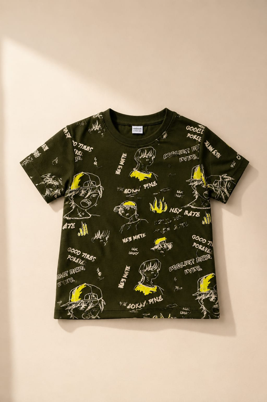 Urban Sketch Kids' Olive Cotton Tee | Premium Graphic Print T-Shirt