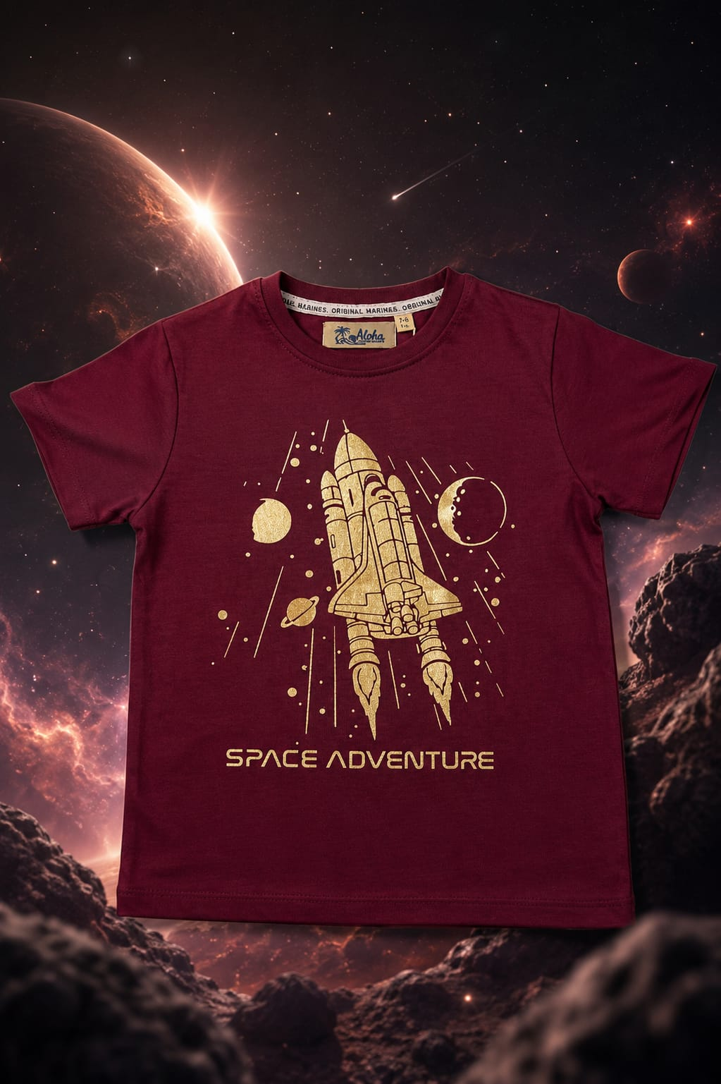 Space Adventure Kids' Maroon Cotton Tee | Premium Rocket Graphic T-Shirt