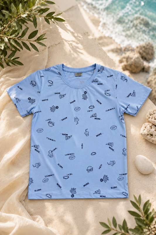 Yummy Bites Kids Sky Blue Cotton Tee | Muushaa Signatures