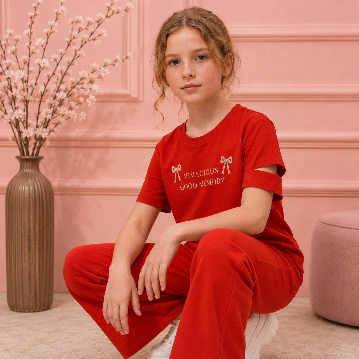Cherry Bloom Girls' Co-Ord Set | Premium Cotton T-Shirt & Flared Pants