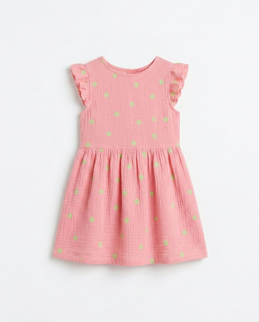 Blush Polka Dot Girls' Cotton Dress | Premium Flutter Sleeve Dress