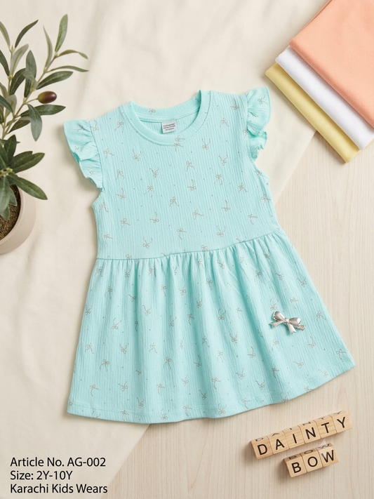 Mint Bow Charm Girls' Cotton Dress | Premium Flutter Sleeve Dress