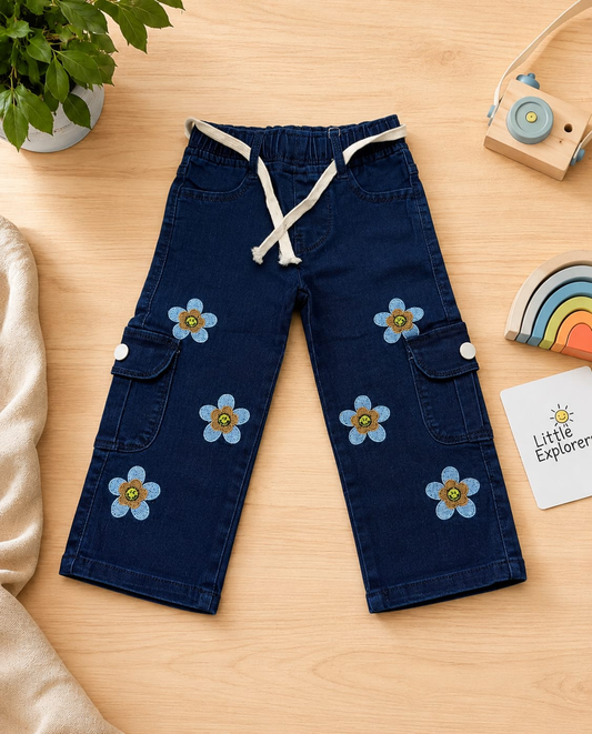 Girls Floral Embroidered Cargo Denim Jeans | Blue