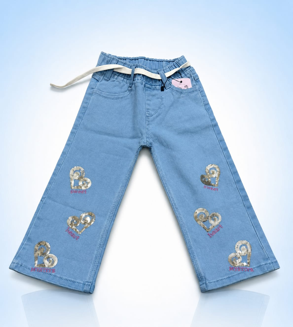 Girls Sky Blue Heart Embroidered Wide Leg Jeans