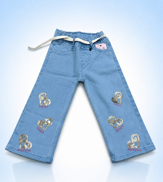 Girls Sky Blue Heart Embroidered Wide Leg Jeans
