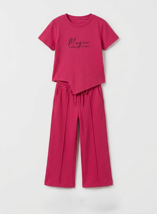 Magic Bloom Girls' Pink Co-Ord Set | Premium Cotton T-Shirt & Flared Pants