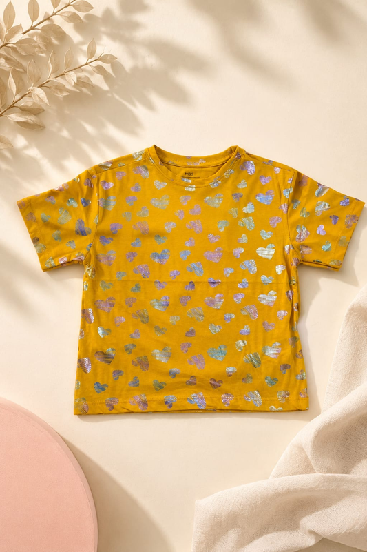 Golden Heart Sparkle Kids' Cotton Tee | Premium Foil Print T-Shirt