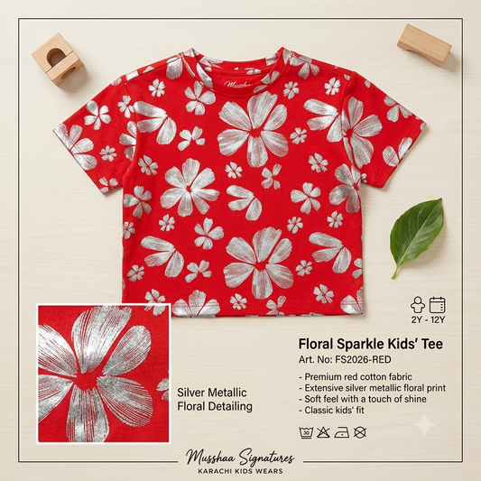 Floral Sparkle Kids' Red Cotton Tee | Premium Silver Foil Print T-Shirt