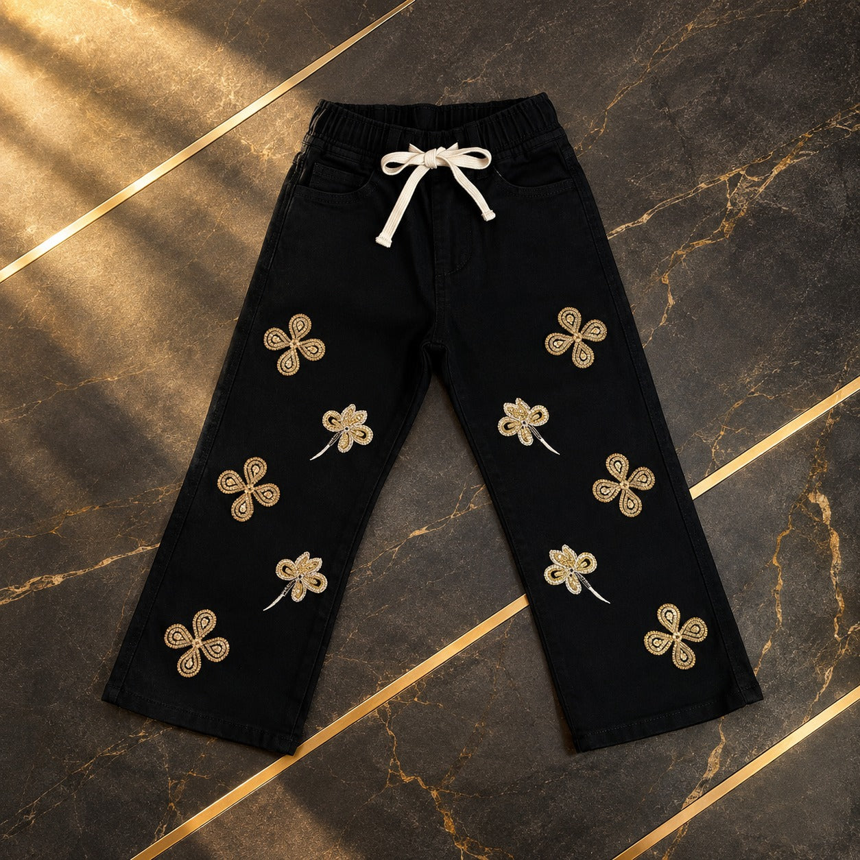 🌸 Girls' Gold Floral Embroidered Black Denim Pants 🌸