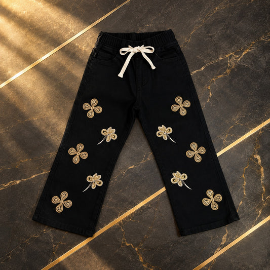 Girls Gold Floral Embroidered Black Denim Pants