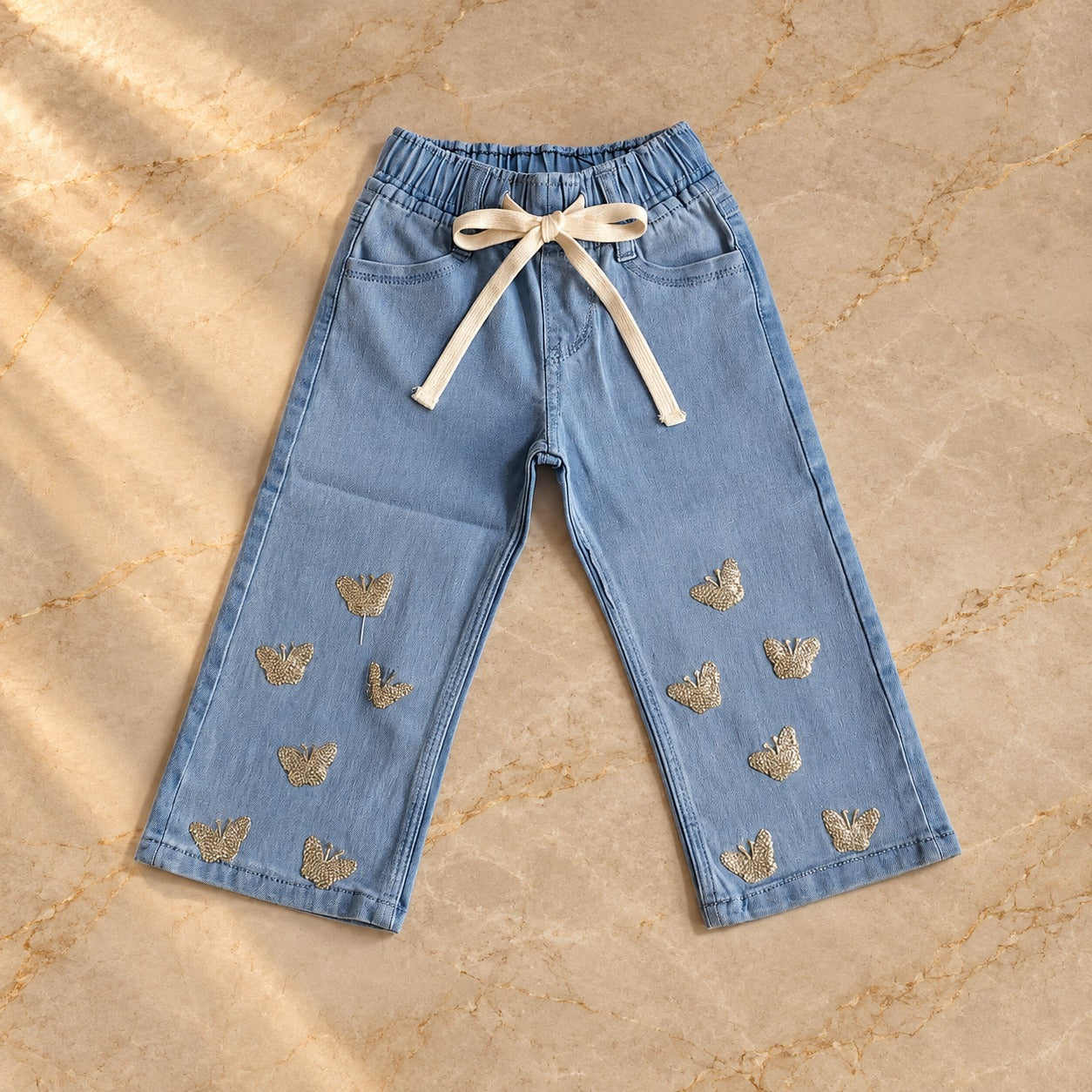 🦋 Girls' Gold Butterfly Light Blue Denim Pants 🦋
