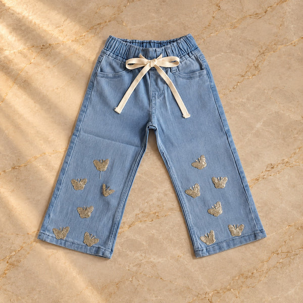 🦋 Girls' Gold Butterfly Light Blue Denim Pants 🦋