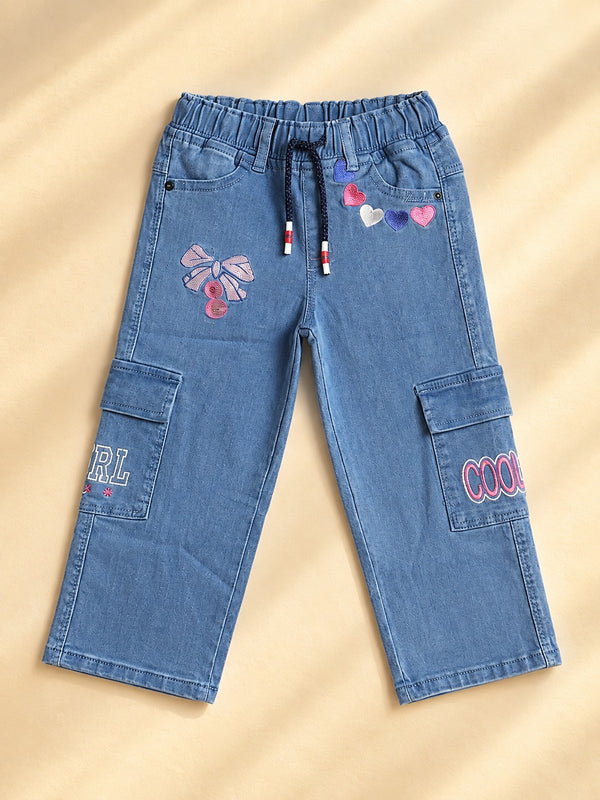 💖 Girls' Embroidered Blue Denim Cargo Pants 💖
