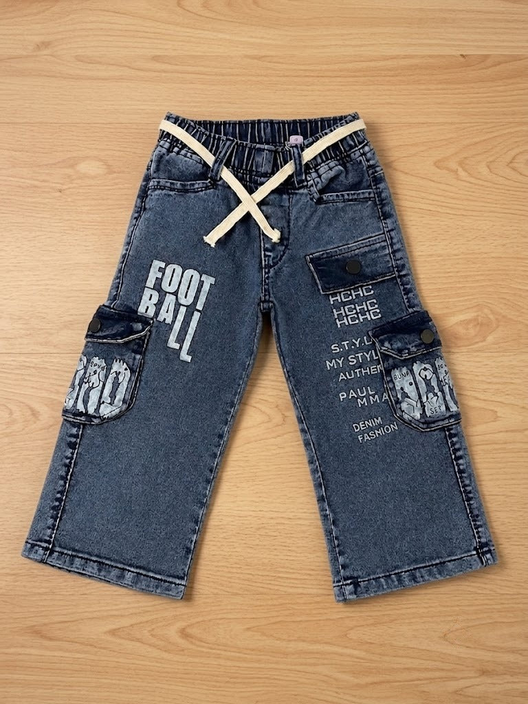 ⚽ Boys' Dark Wash Graphic Cargo Denim Pants ⚽