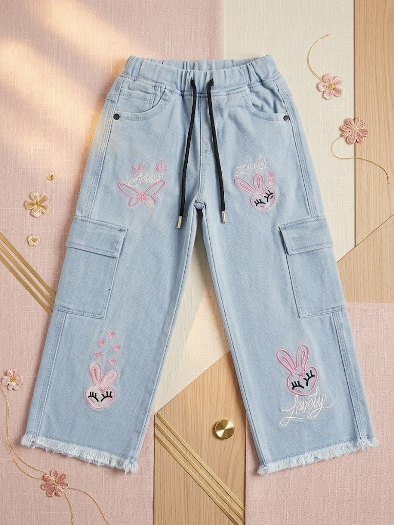🐰 Girls' Embroidered Bunny Light Blue Cargo Pants 🐰