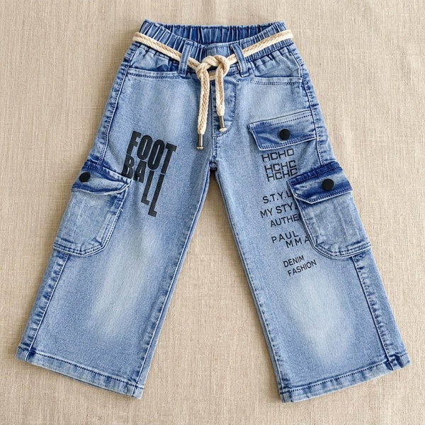⚽ Boys' Light Blue Graphic Cargo Denim Pants ⚽