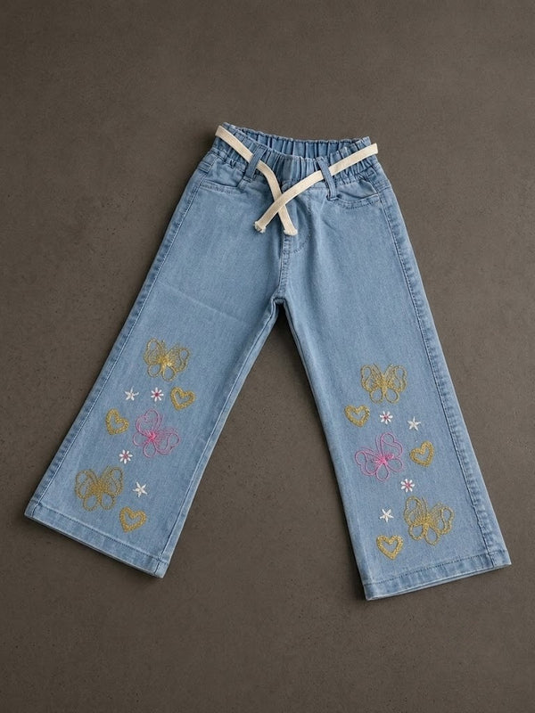 🦋 Girls' Embroidered Light Blue Denim Pants 🦋