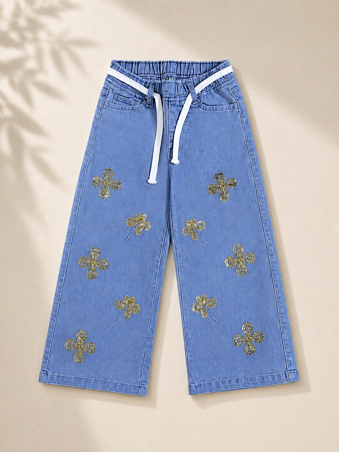 🌸 Girls' Gold Floral Embroidered Blue Denim Pants 🌸