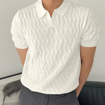 Men's Textured Polo Shirt – V Neck, Short Sleeve, Classic Fit