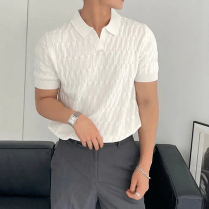 Men's Textured Polo Shirt – V Neck, Short Sleeve, Classic Fit