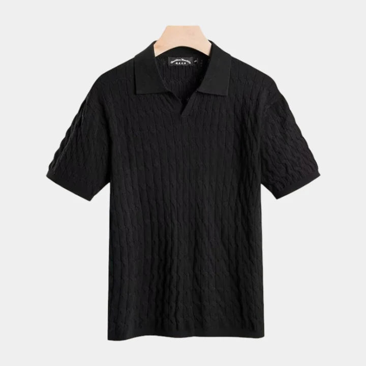Men's Textured Polo Shirt – V Neck, Short Sleeve, Classic Fit