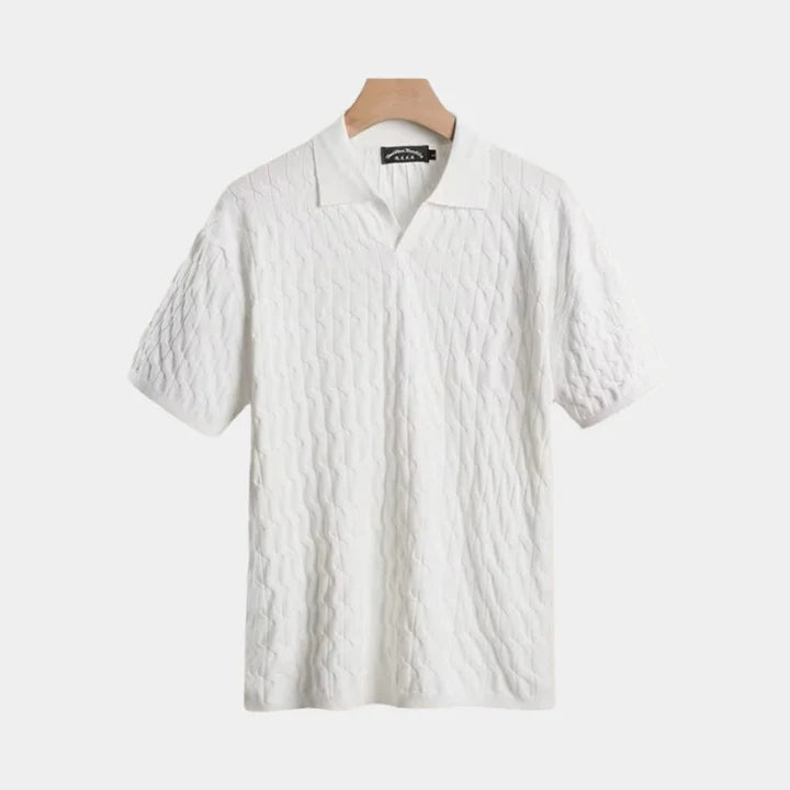 Men's Textured Polo Shirt – V Neck, Short Sleeve, Classic Fit