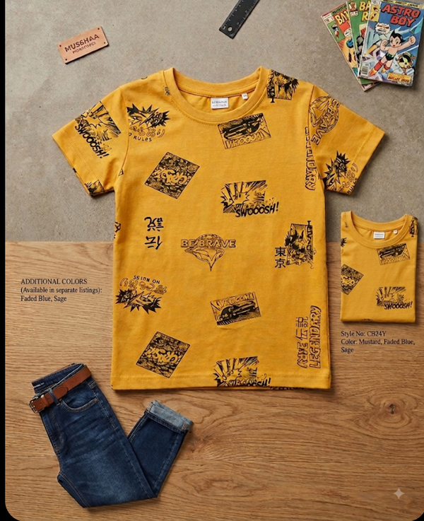 ⚡ Boys' All-Over Comic Print Cotton T-Shirt ⚡