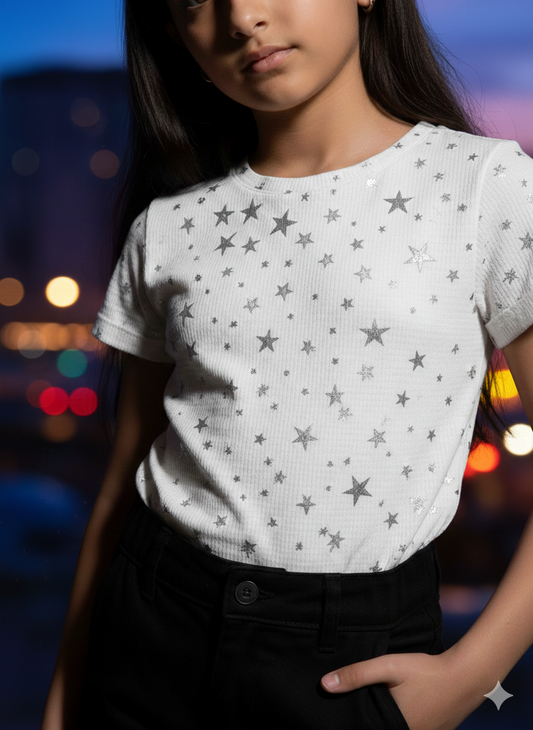 ⭐ Girls' Premium Beige 'SuperStar' Textured Tee ⭐