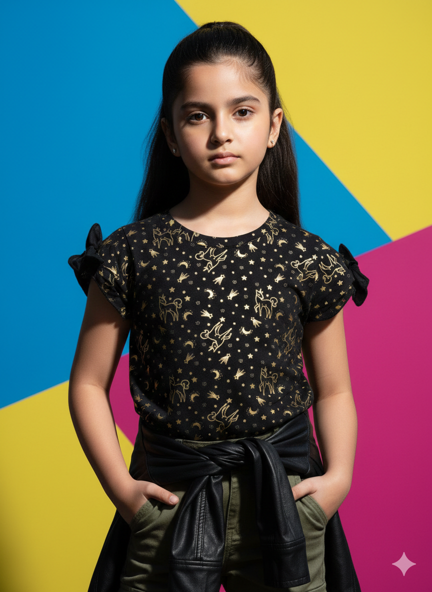 ✨ Girls' Gold Celestial Foil Print Black T-Shirt ✨