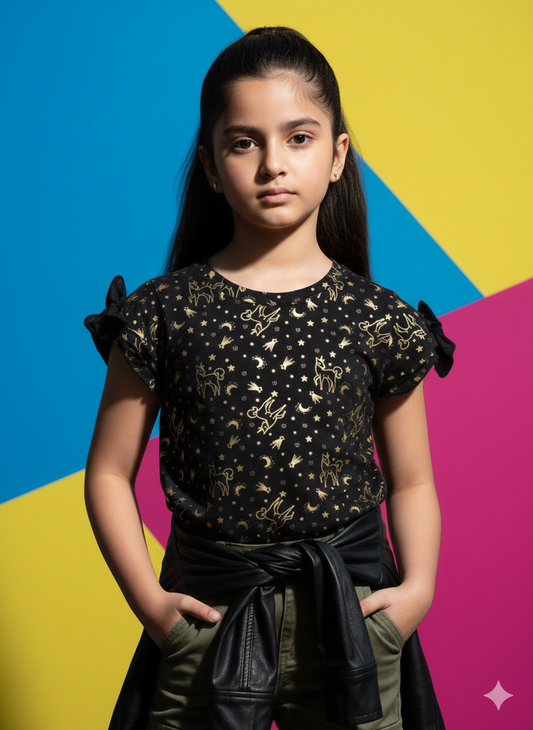 ✨ Girls' Gold Celestial Foil Print Black T-Shirt ✨