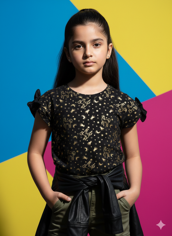 ✨ Girls' Gold Celestial Foil Print Black T-Shirt ✨